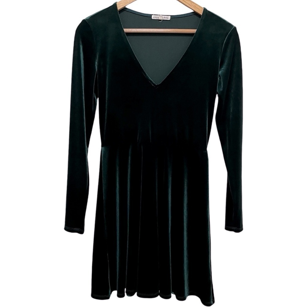 COPPER KEY Dark Emerald Green Velvet Fit & Flare Long Sleeve Dress Size Small